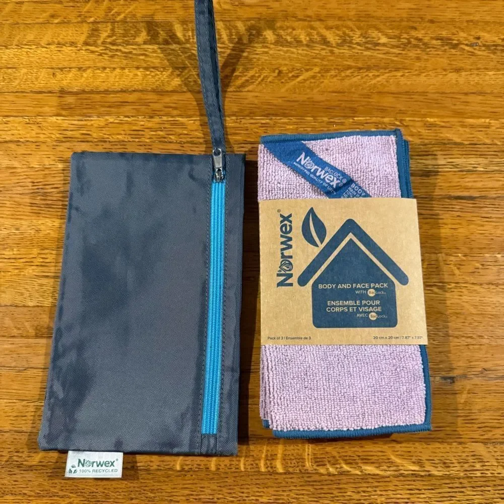 Norwex Small Body and Face Cloths Lavender Set of 3 and Charcoal Wristlet NWT
